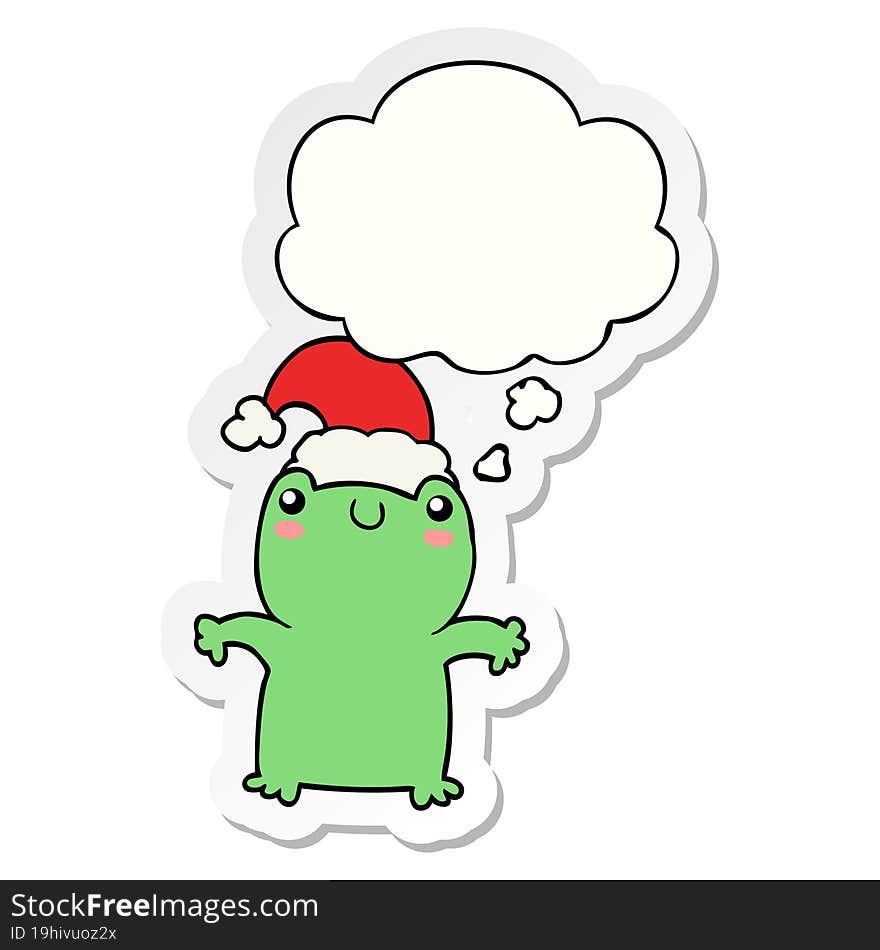 cute cartoon frog wearing christmas hat with thought bubble as a printed sticker