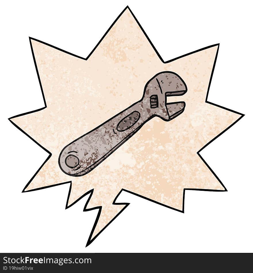 cartoon spanner and speech bubble in retro texture style