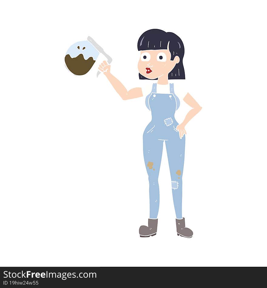 flat color illustration of woman in dungarees with coffee. flat color illustration of woman in dungarees with coffee