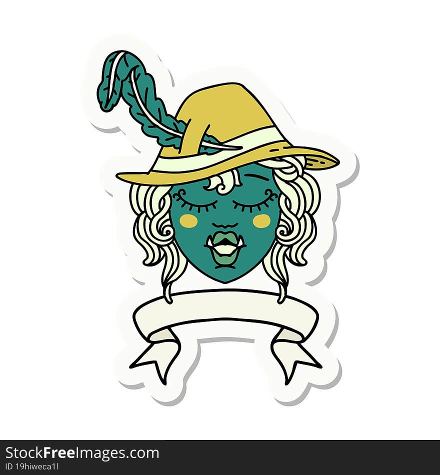 sticker of a singing half orc bard character with banner. sticker of a singing half orc bard character with banner