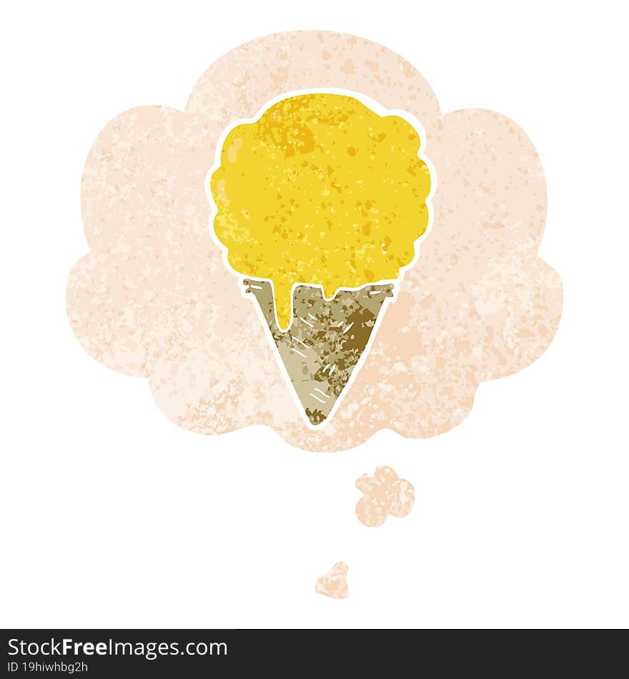 Cartoon Ice Cream And Thought Bubble In Retro Textured Style