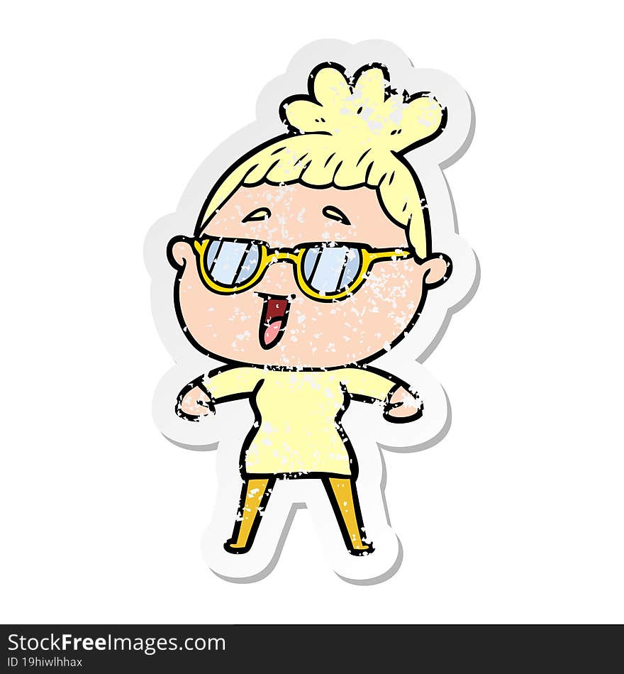 distressed sticker of a cartoon happy woman wearing spectacles