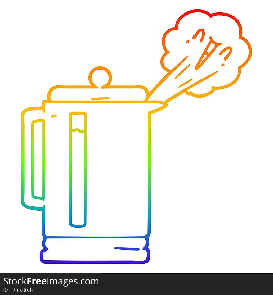 rainbow gradient line drawing of a cartoon electric kettle boiling