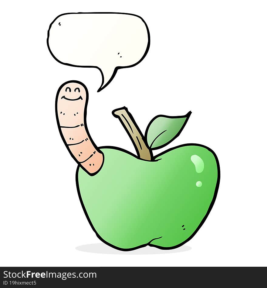 cartoon apple with worm with speech bubble