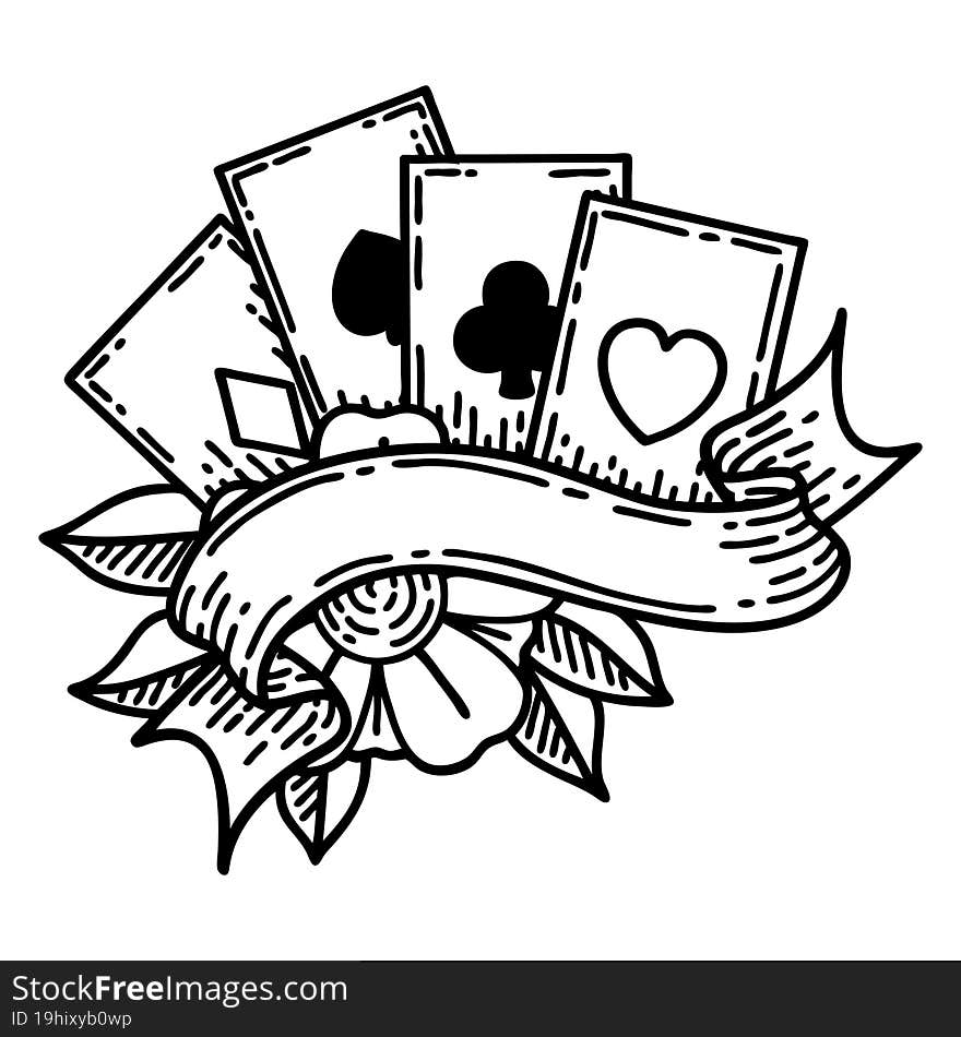 tattoo in black line style of cards and banner. tattoo in black line style of cards and banner