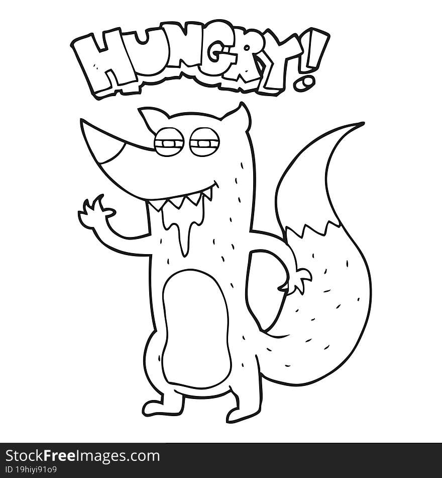 black and white cartoon hungry wolf