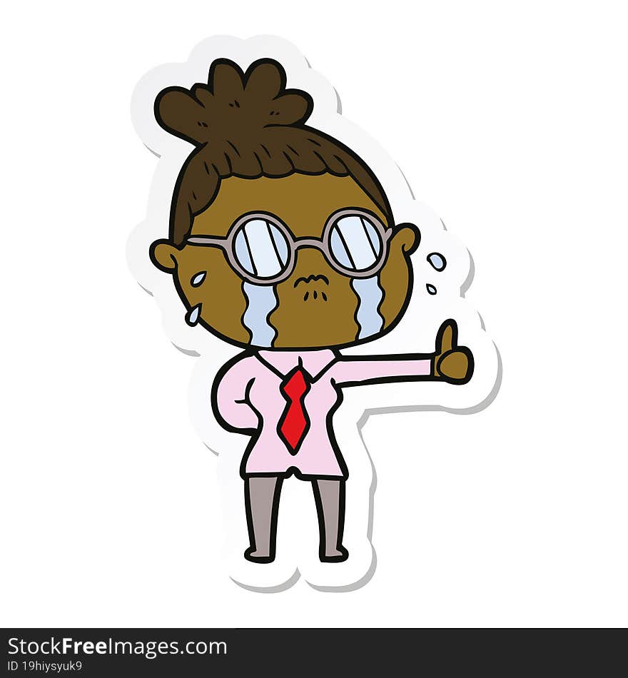 sticker of a cartoon crying woman wearing spectacles