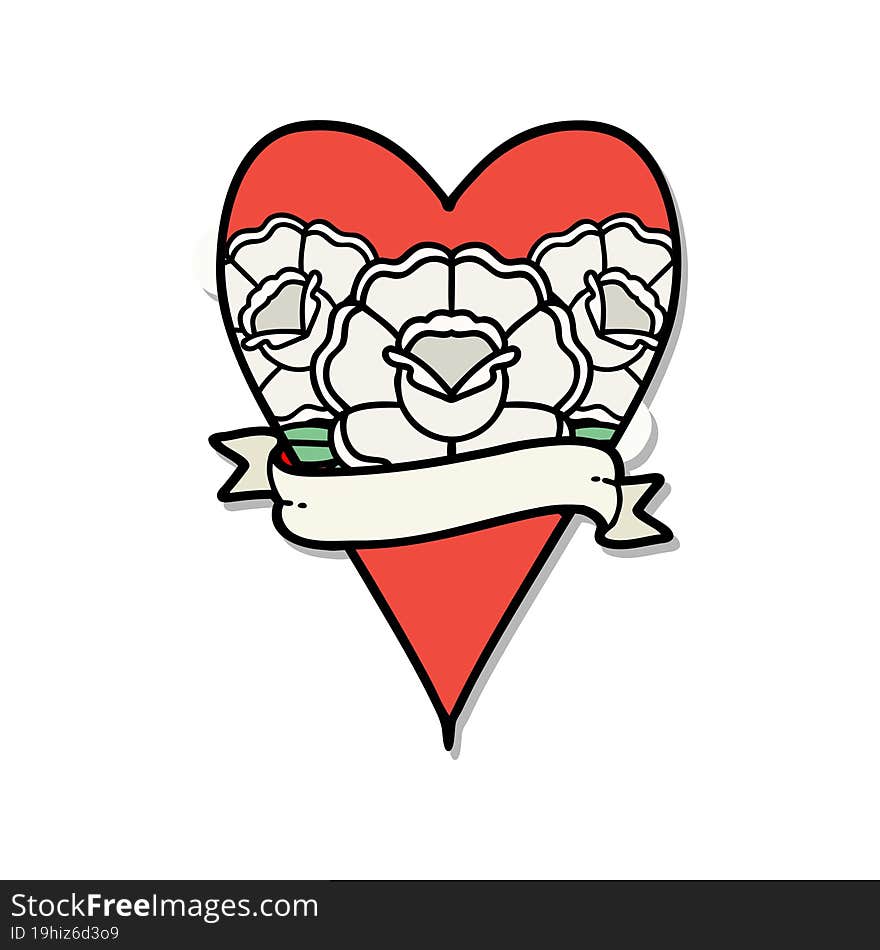 sticker of tattoo in traditional style of a heart and banner with flowers. sticker of tattoo in traditional style of a heart and banner with flowers