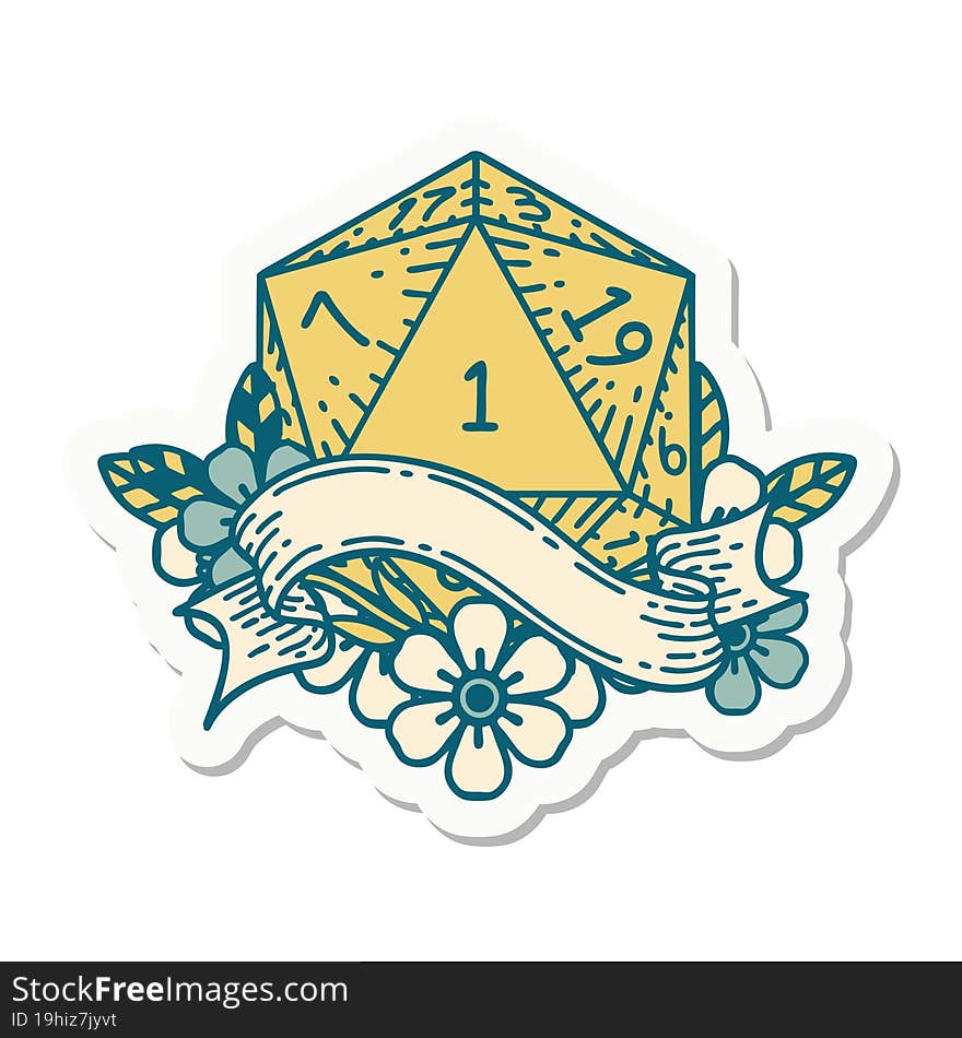 sticker of a natural one d20 dice roll. sticker of a natural one d20 dice roll