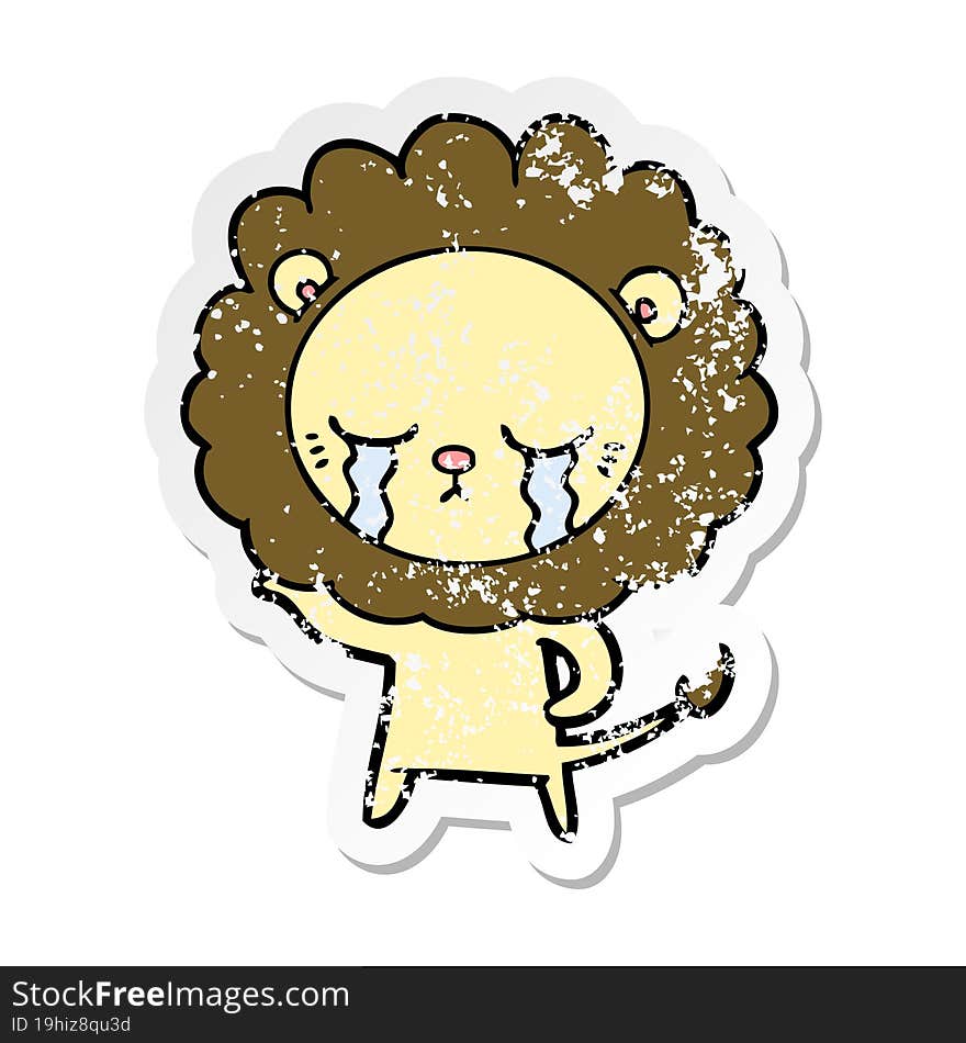 distressed sticker of a crying cartoon lion