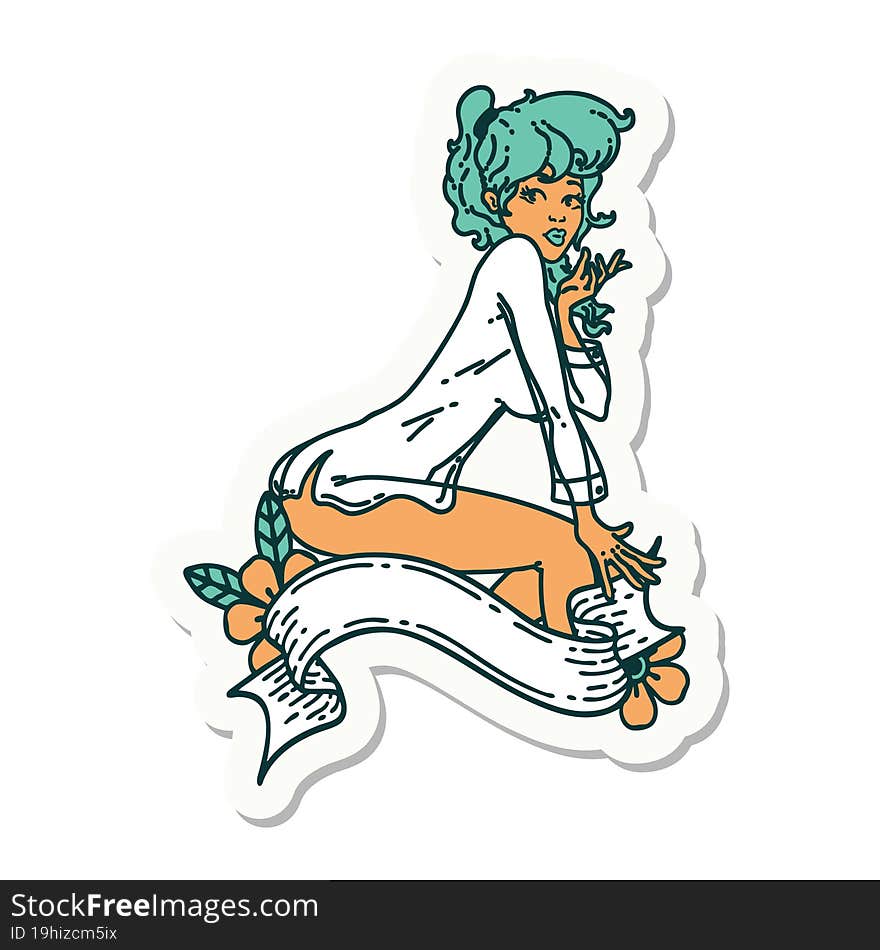 Tattoo Sticker Of A Pinup Girl Wearing A Shirt With Banner