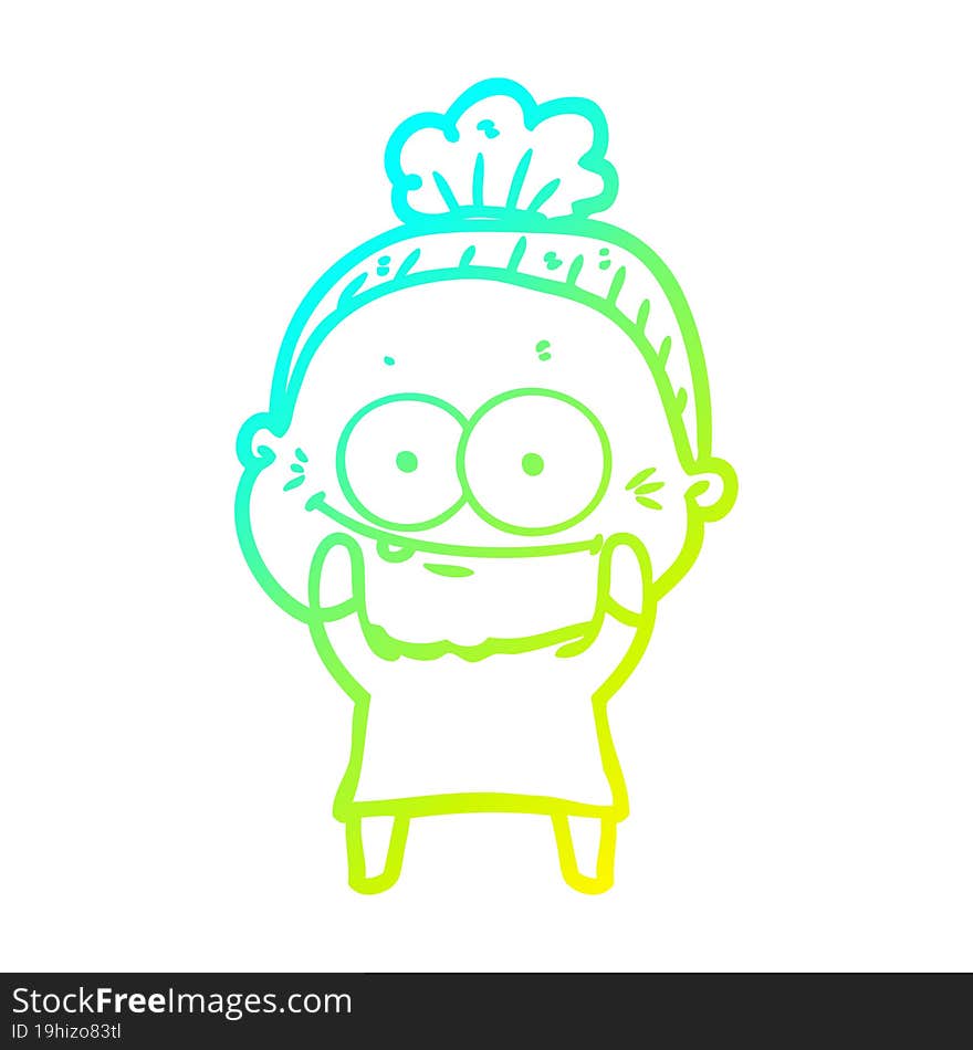 cold gradient line drawing of a cartoon happy old woman