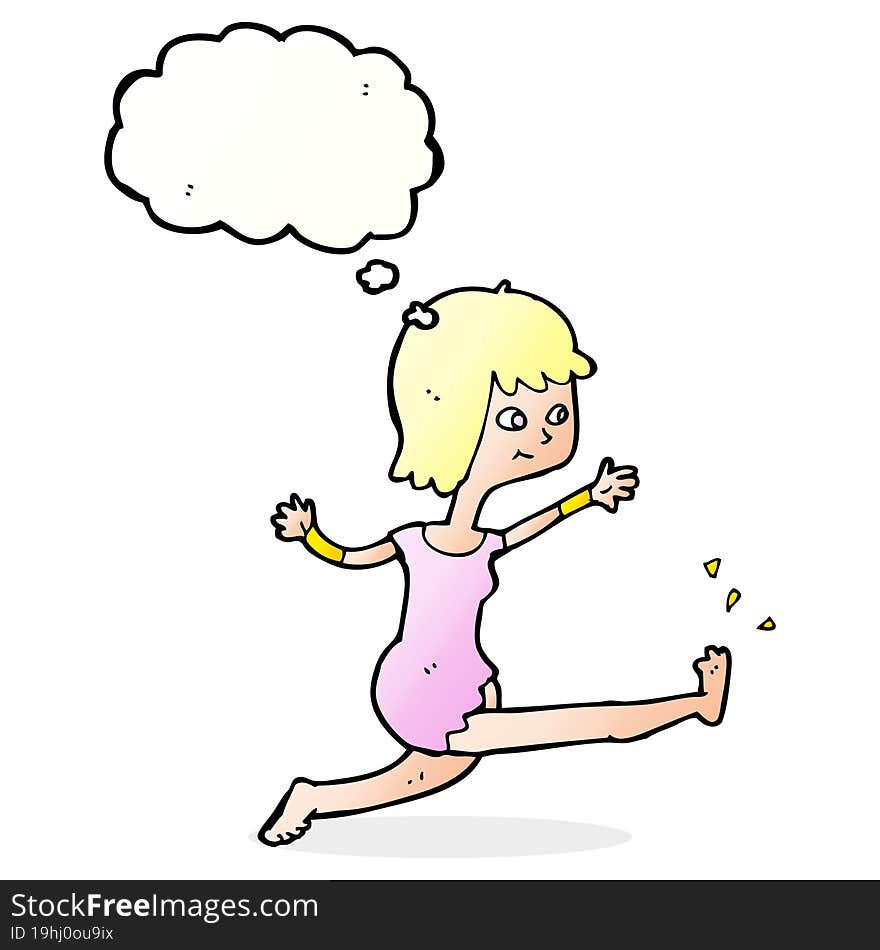 cartoon happy woman kicking with thought bubble