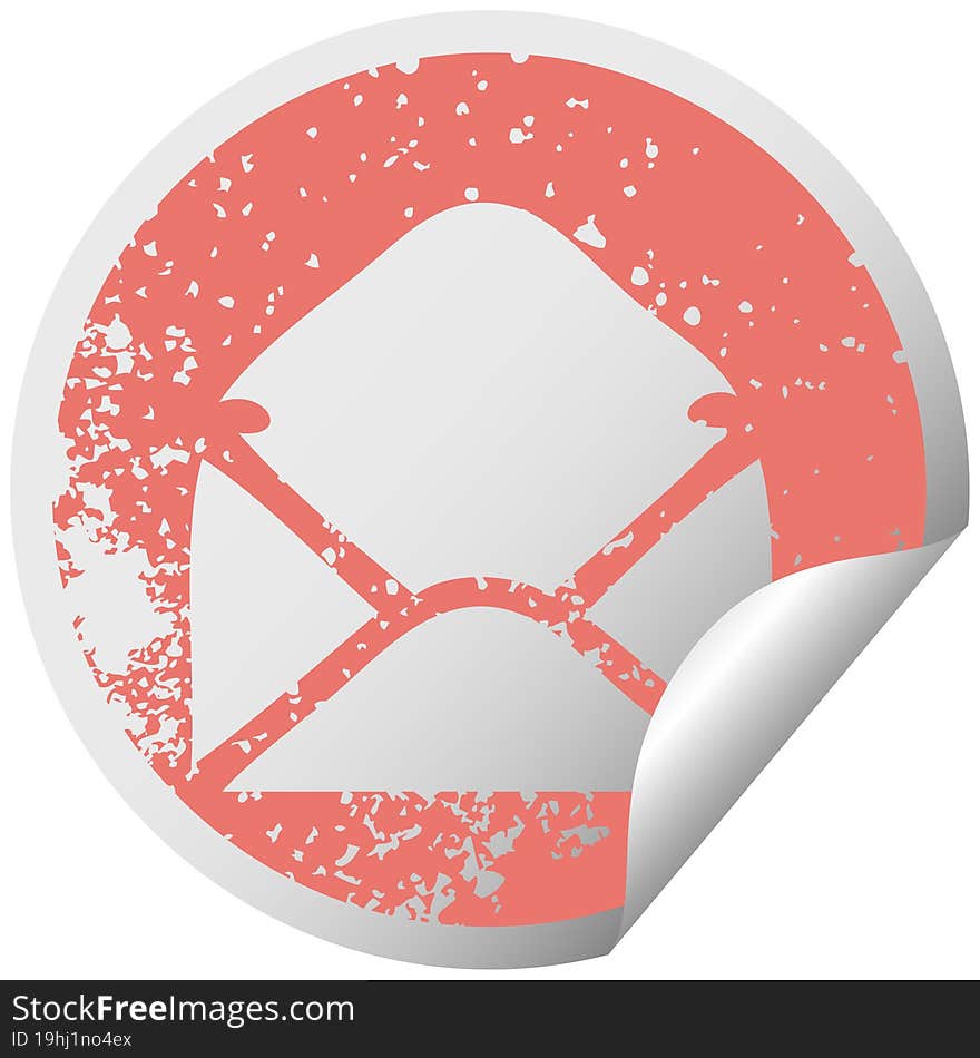 distressed circular peeling sticker symbol of a paper envelope