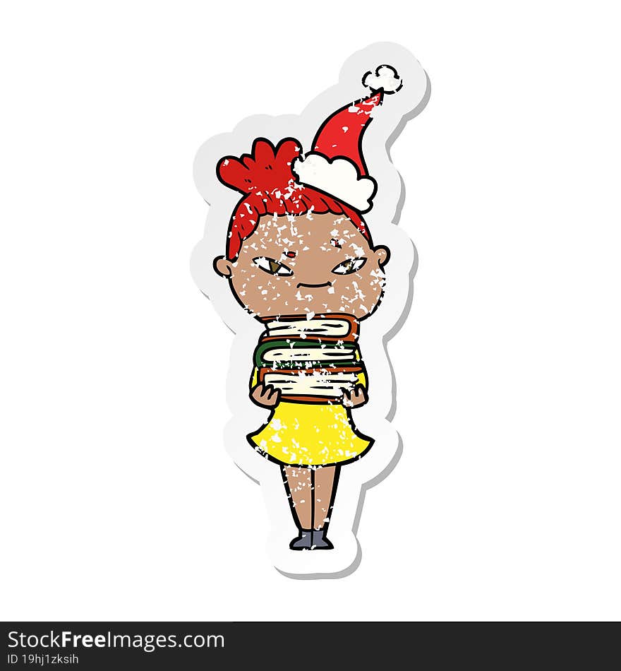 hand drawn distressed sticker cartoon of a woman wearing santa hat