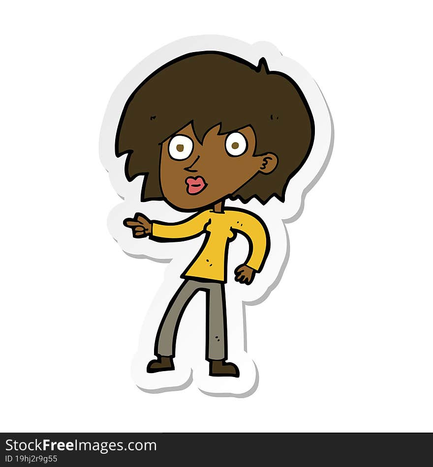 sticker of a cartoon surprised woman pointing