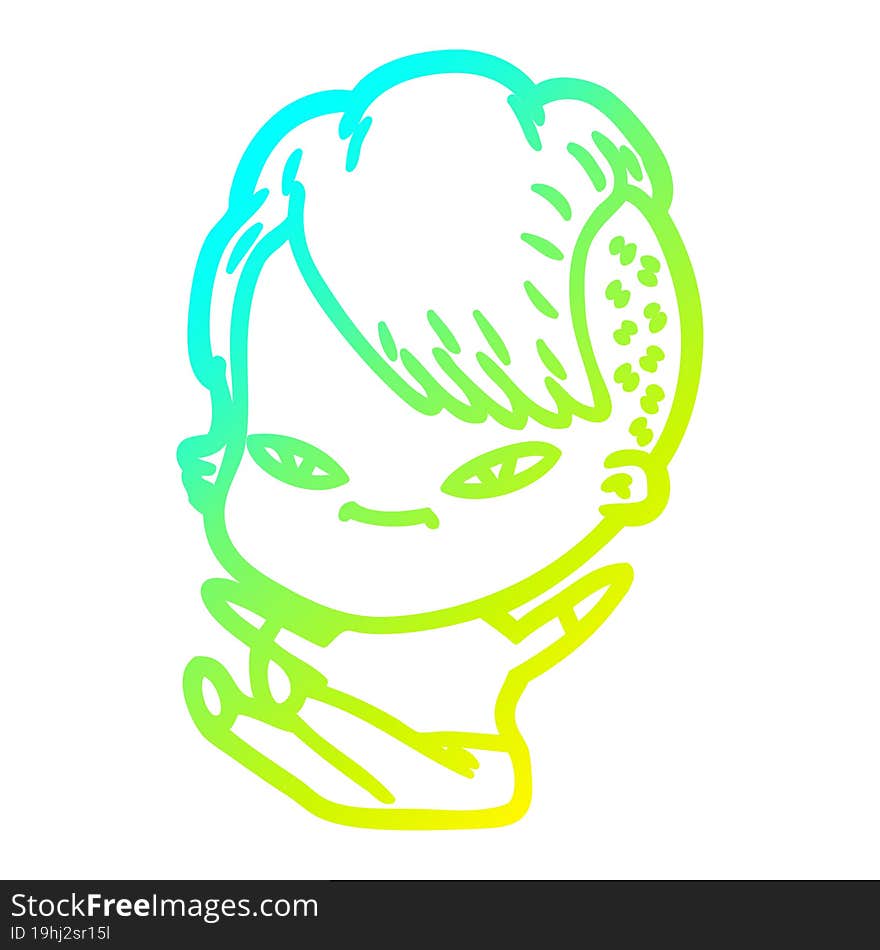 cold gradient line drawing of a cute cartoon girl with hipster haircut