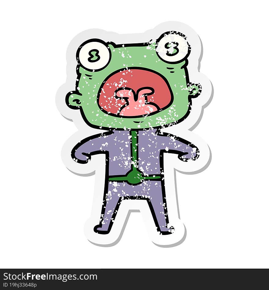 distressed sticker of a cartoon weird alien shouting