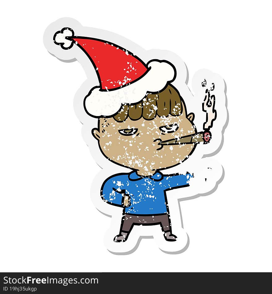 distressed sticker cartoon of a man smoking wearing santa hat