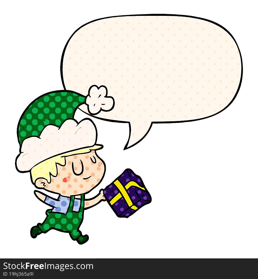 cartoon happy christmas elf with present with speech bubble in comic book style. cartoon happy christmas elf with present with speech bubble in comic book style