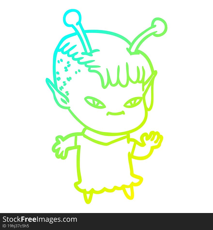 Cold Gradient Line Drawing Cute Cartoon Alien Girl