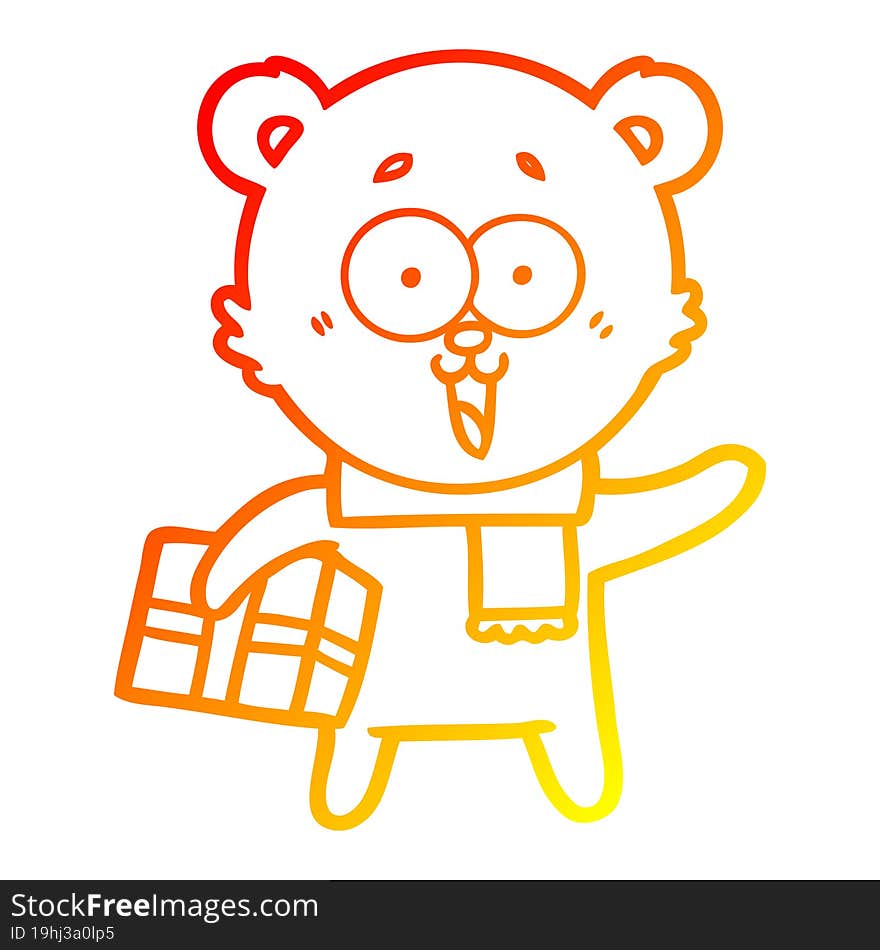 warm gradient line drawing of a laughing teddy  bear with christmas present