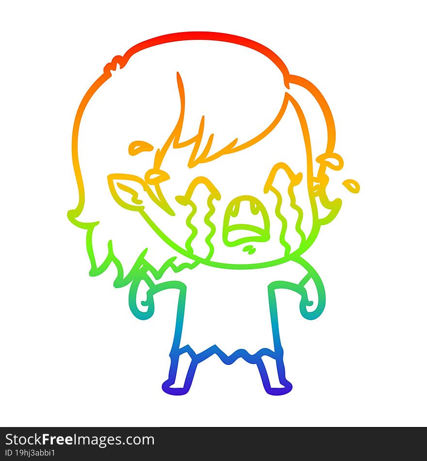 rainbow gradient line drawing cartoon crying vampire girl