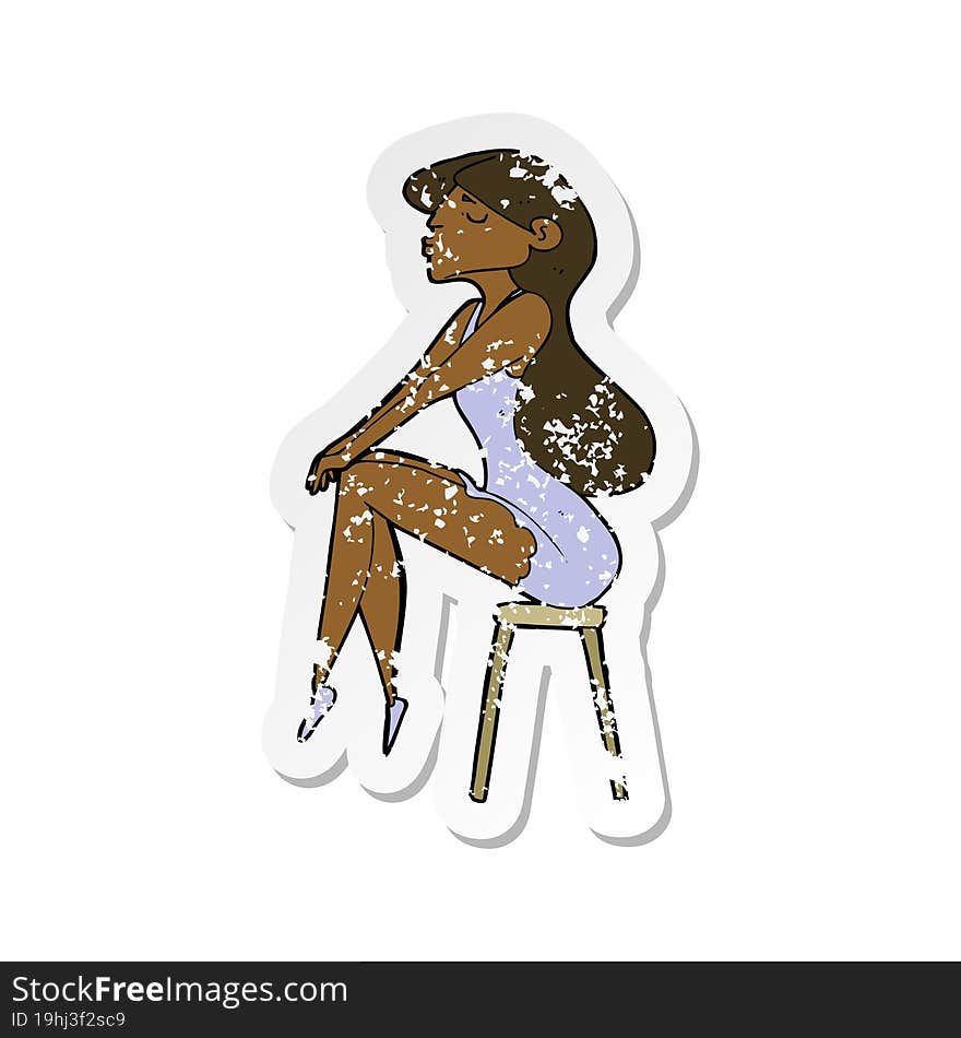 retro distressed sticker of a cartoon woman sitting on stool