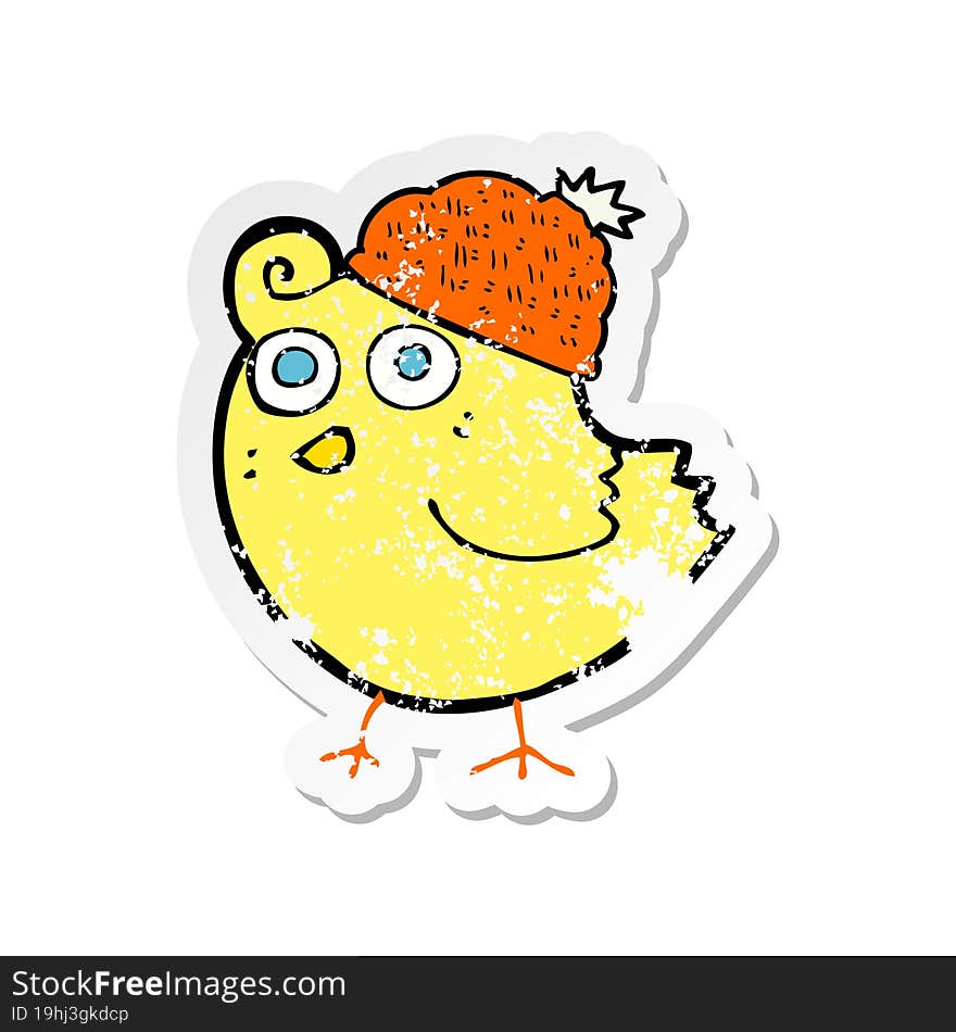 Retro Distressed Sticker Of A Cartoon Bird Wearing Hat