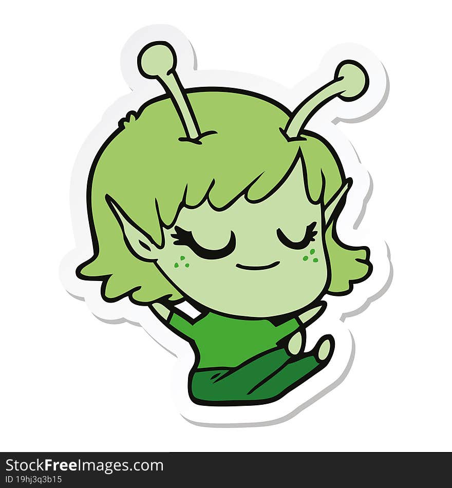 Sticker Of A Smiling Alien Girl Cartoon Sitting