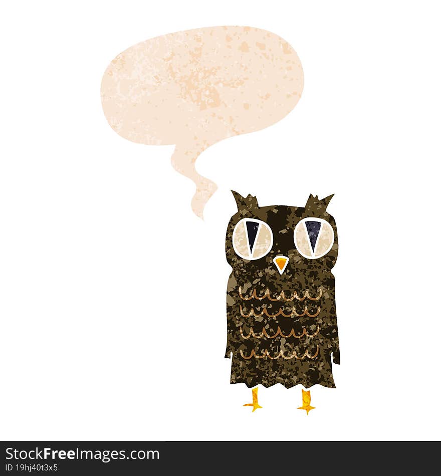 cartoon owl and speech bubble in retro textured style