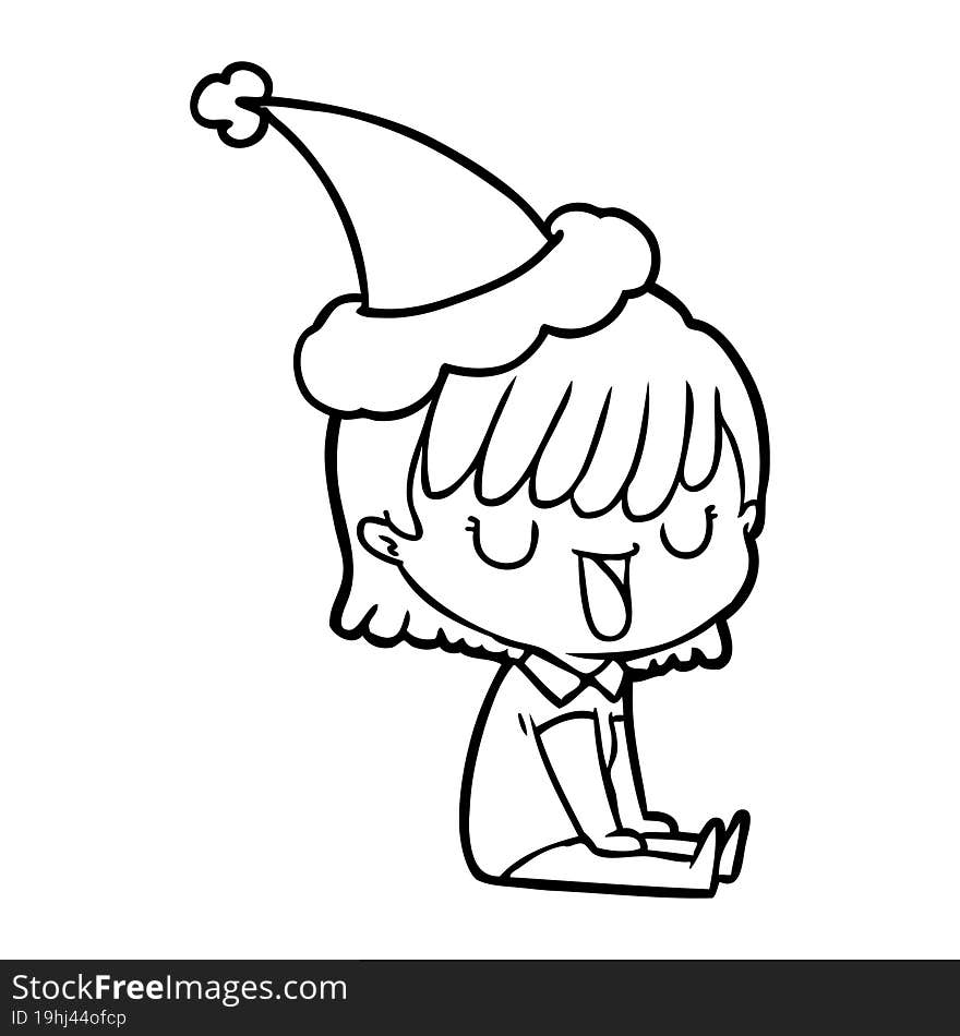 hand drawn line drawing of a woman wearing santa hat