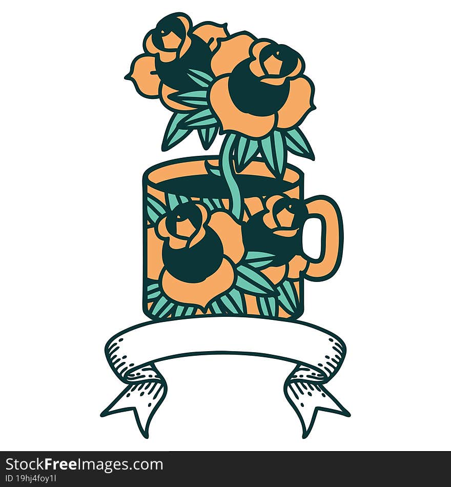 tattoo with banner of a cup and flowers