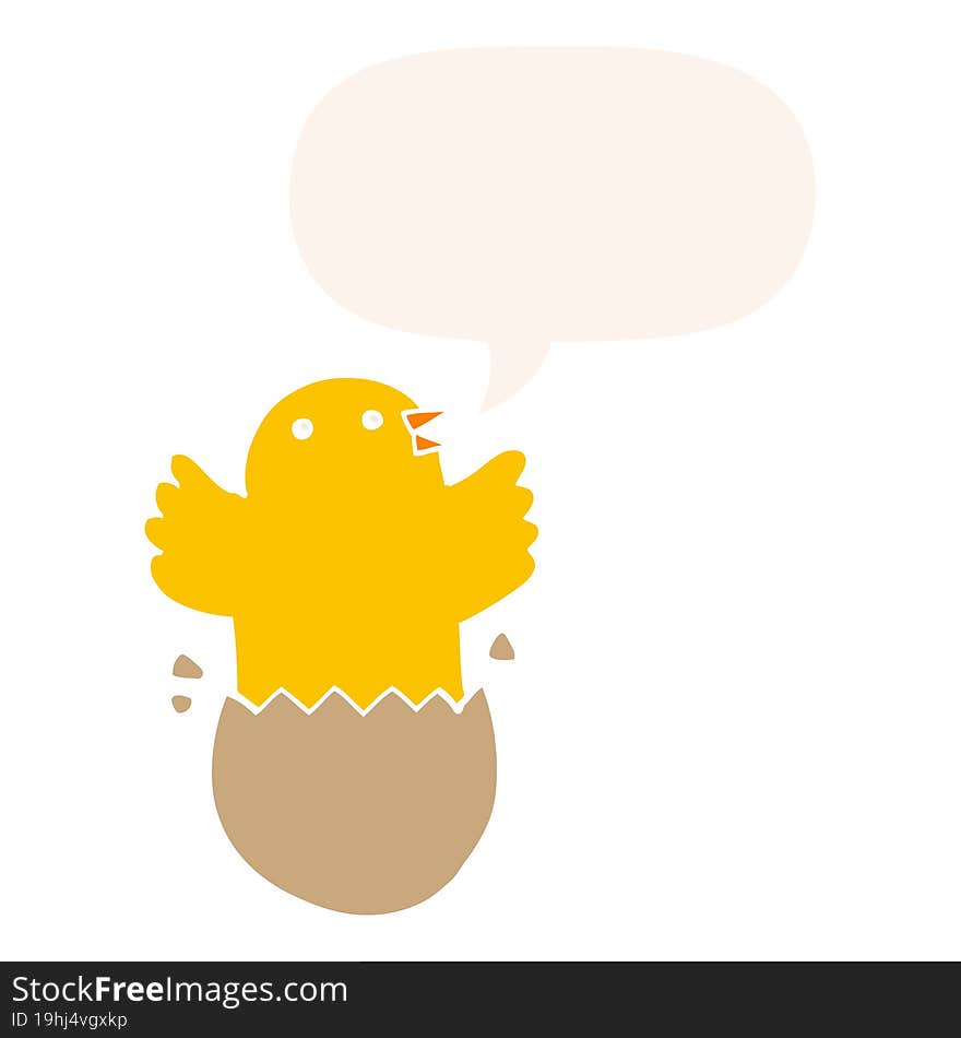 cartoon hatching bird and speech bubble in retro style