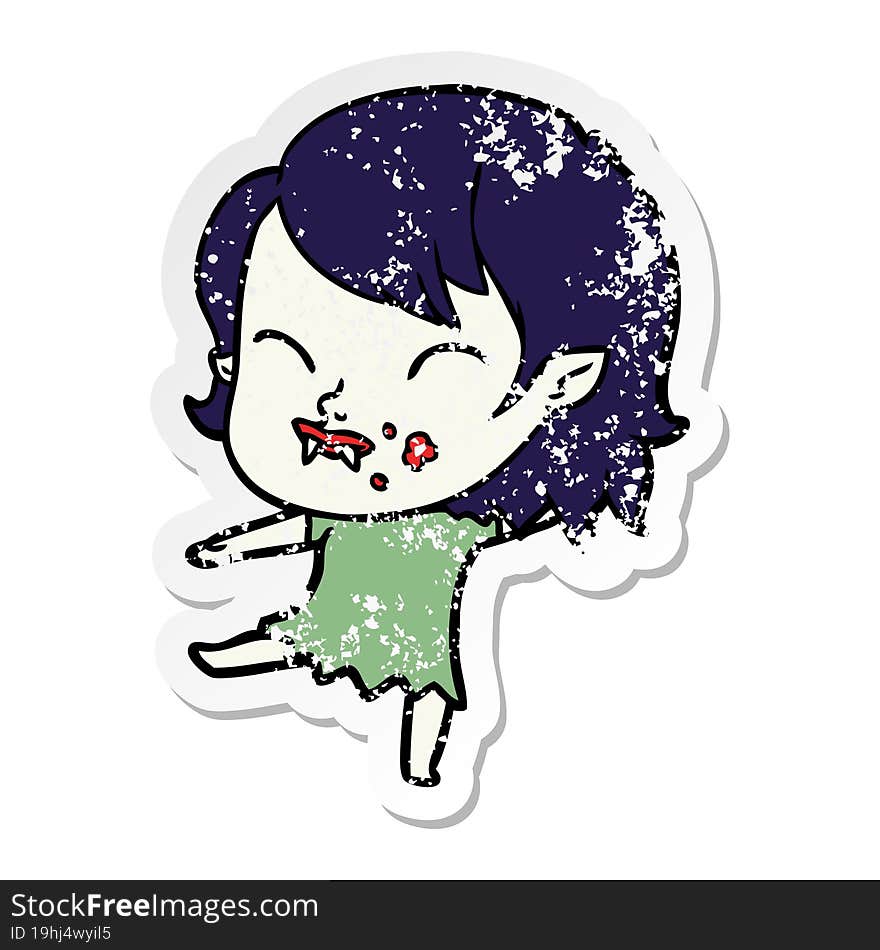 distressed sticker of a cartoon vampire girl with blood on cheek