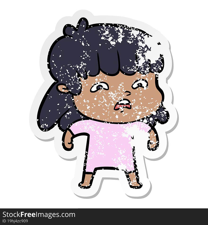 Distressed Sticker Of A Cartoon Worried Woman