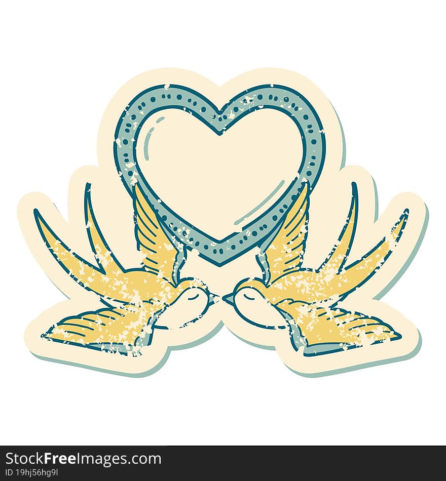 iconic distressed sticker tattoo style image of swallows and a heart. iconic distressed sticker tattoo style image of swallows and a heart