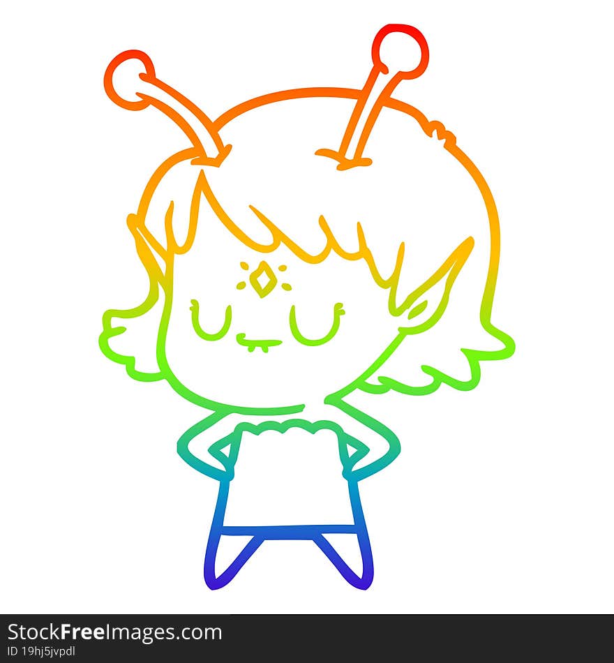 rainbow gradient line drawing of a cartoon alien girl