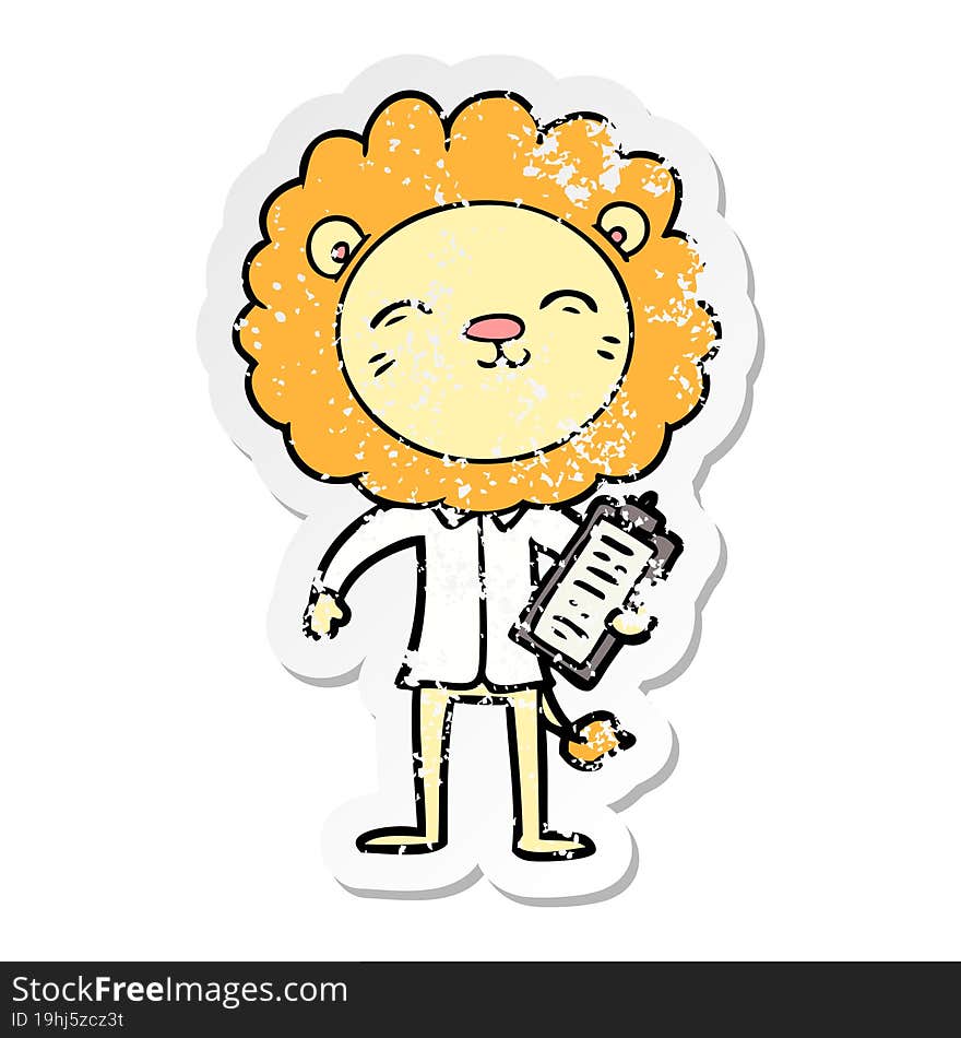 distressed sticker of a cartoon lion in business clothes