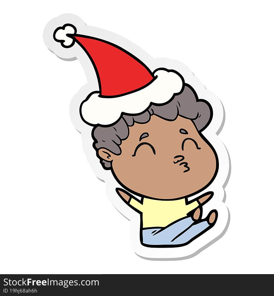 sticker cartoon of a man pouting wearing santa hat