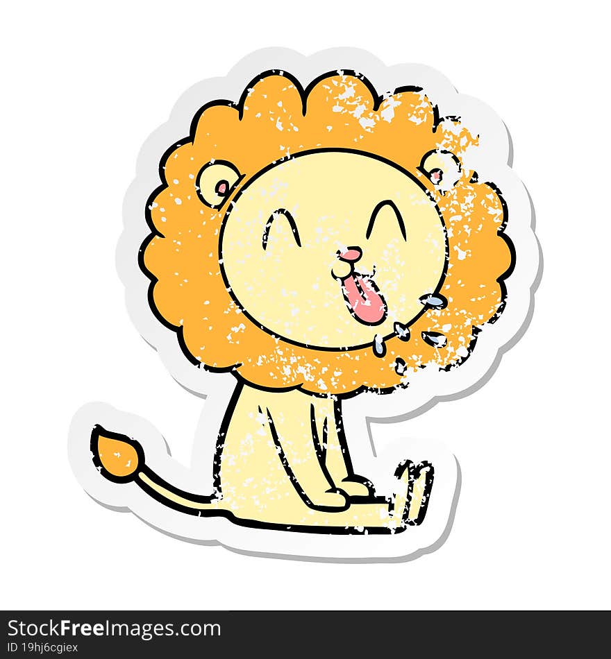 distressed sticker of a happy cartoon lion