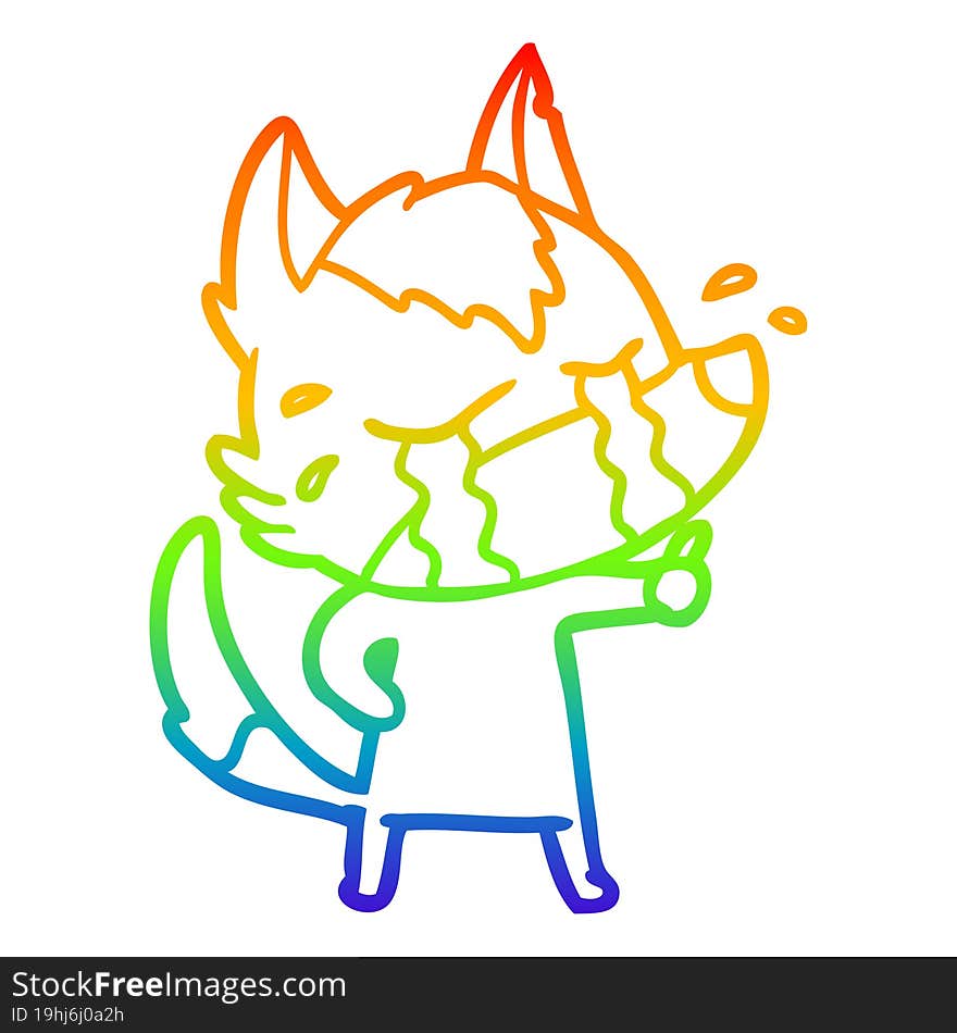 rainbow gradient line drawing of a cartoon crying wolf