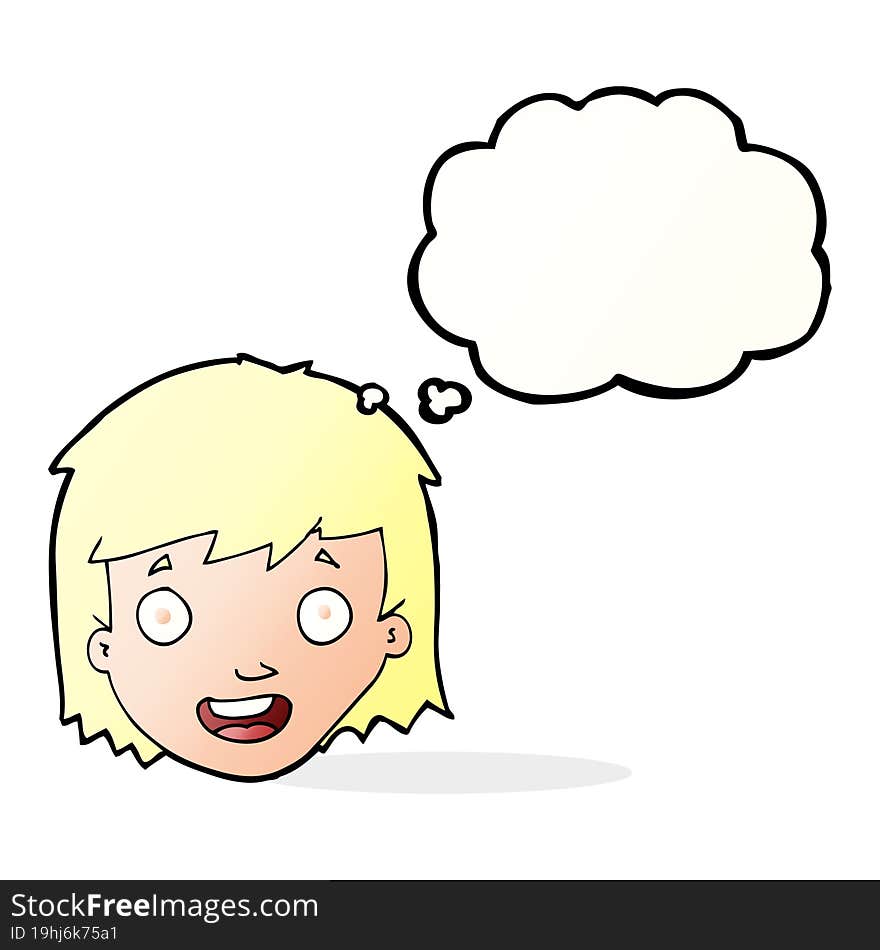 cartoon happy female face with thought bubble