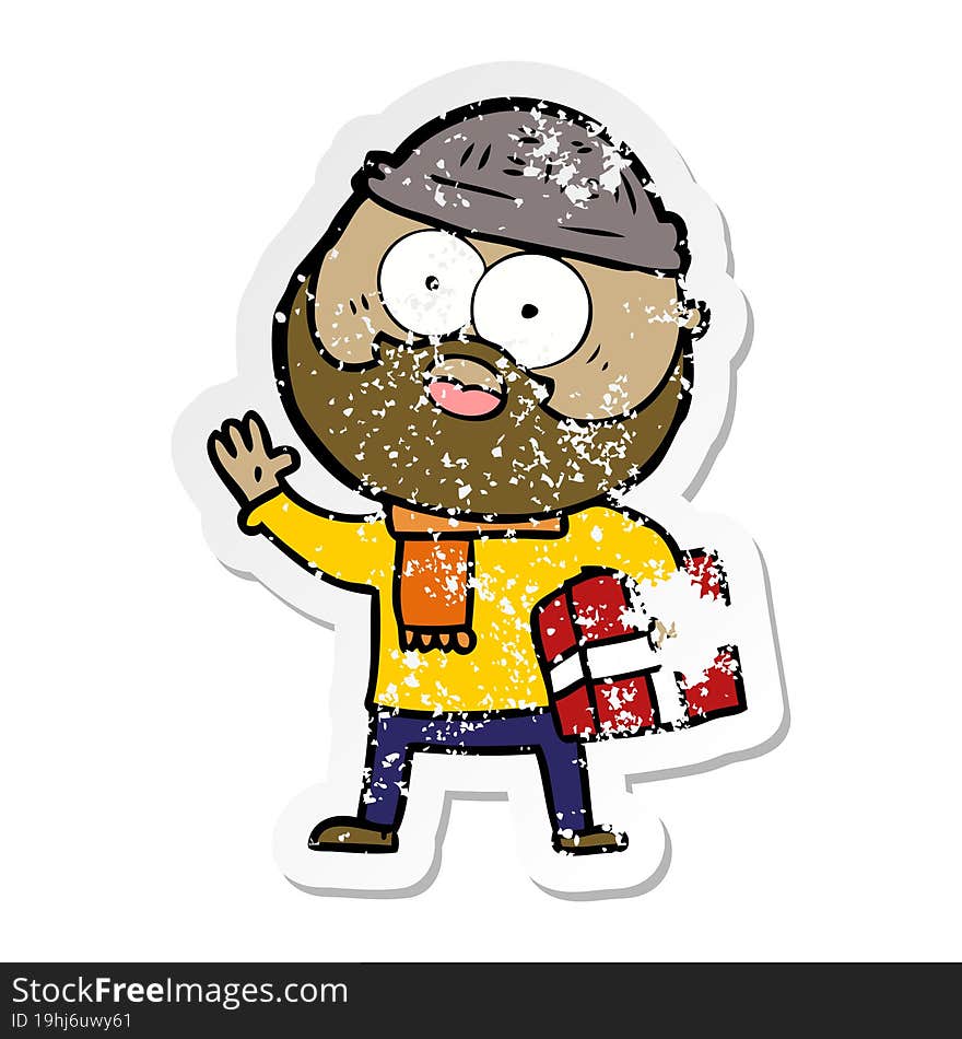 distressed sticker of a cartoon bearded man with present