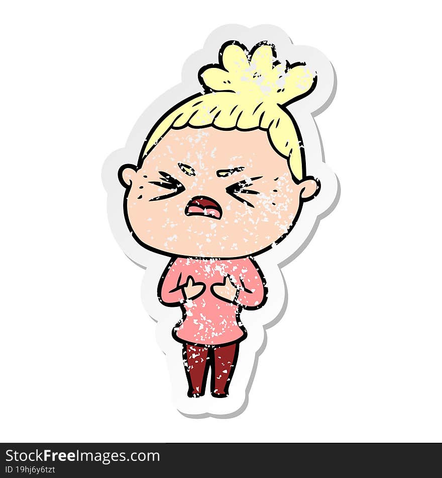 distressed sticker of a cartoon angry woman