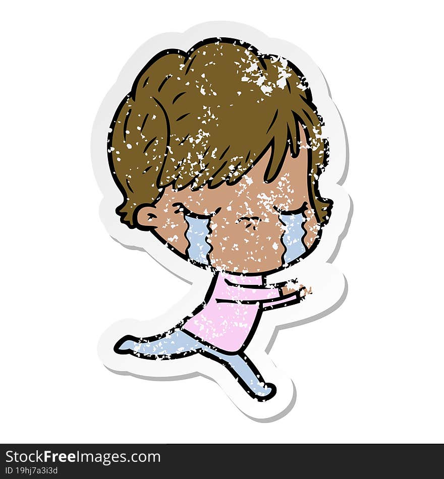 distressed sticker of a cartoon woman crying