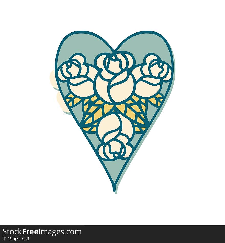 sticker of tattoo in traditional style of a heart and flowers. sticker of tattoo in traditional style of a heart and flowers