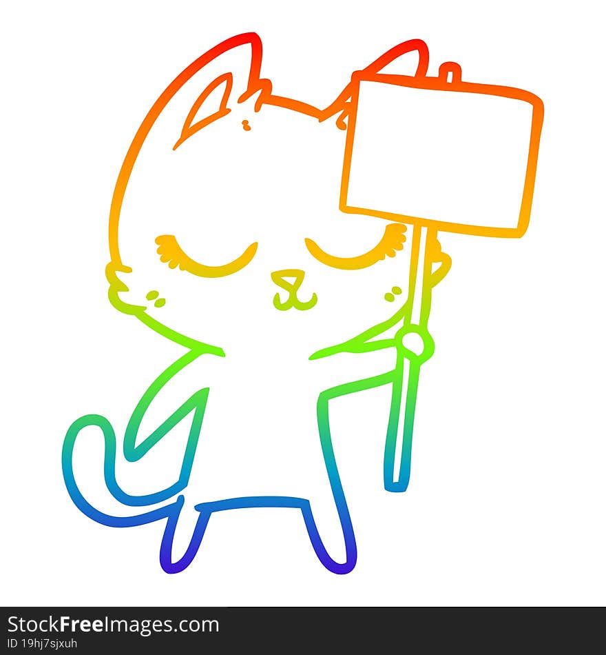 Rainbow Gradient Line Drawing Calm Cartoon Cat With Placard