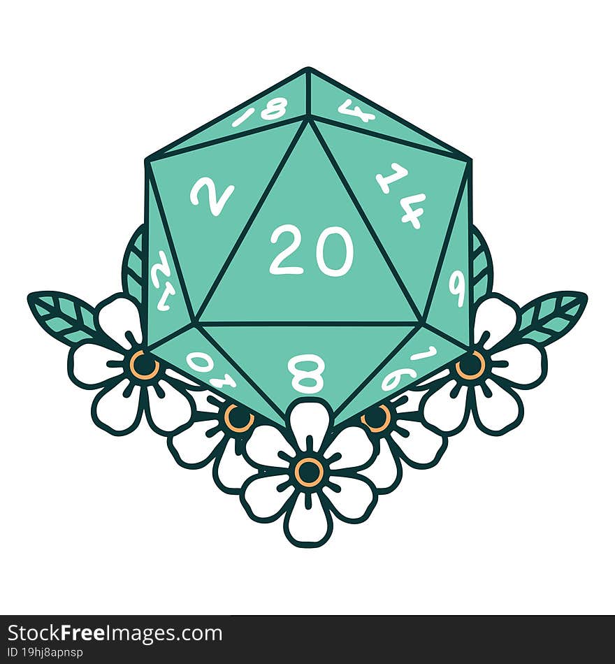 Natural 20 D20 Dice Roll With Floral Elements Illustration