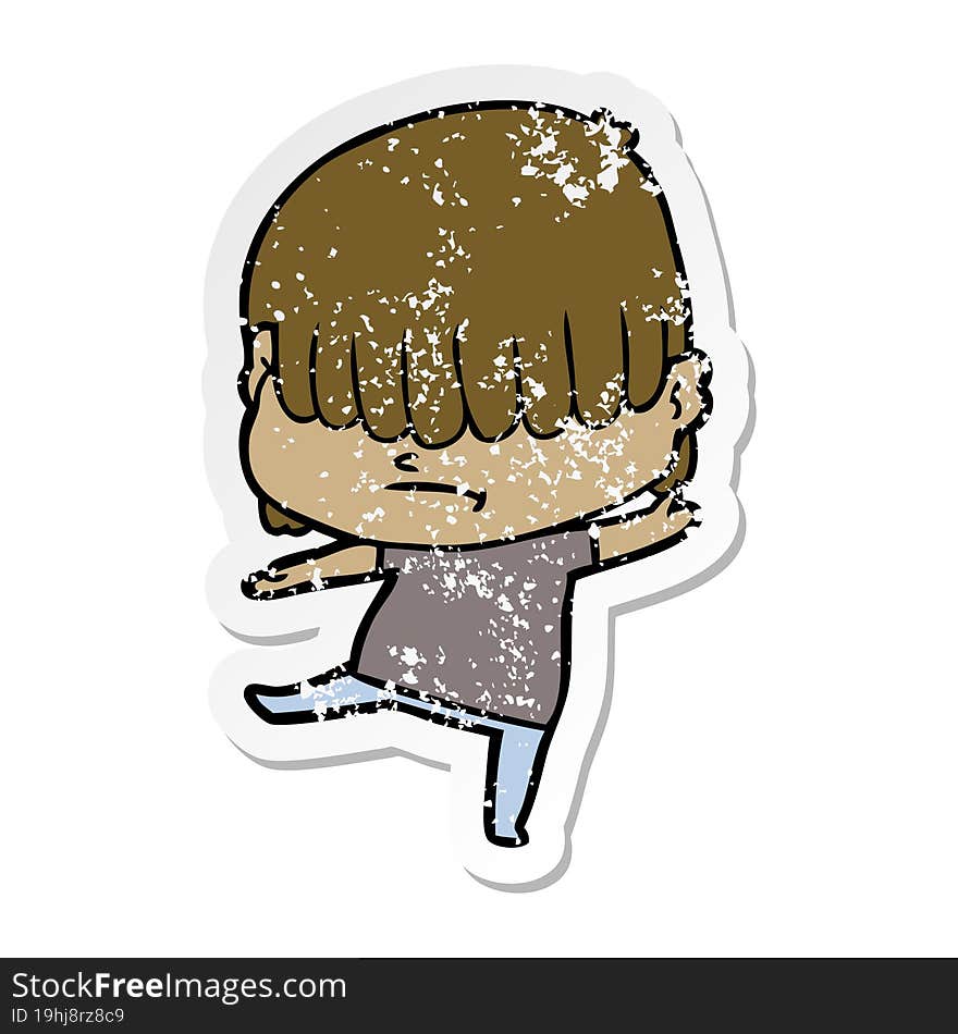 distressed sticker of a cartoon boy with untidy hair